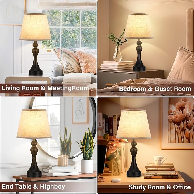 Touch Lamps for Nightstand, 3 Way Dimmable Bedside Lamps with USB C+A Ports | Touch Control, LED Bulb Included, Small Black Table Lamp for Bedroom, Night Stands, End Table, Gift，Corded，Beige Shade