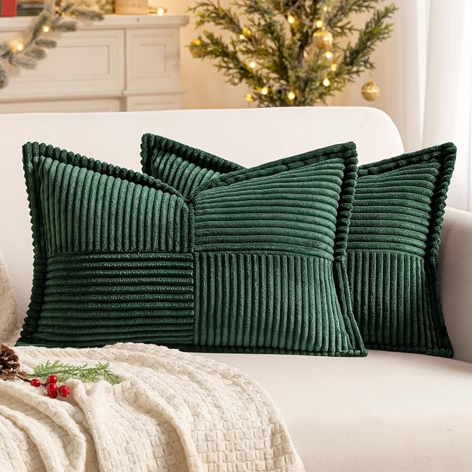 MIULEE Decorative Lumbar Throw Pillow Covers 12x20 Inch Dark Green 2 Pack | Boho Broadside Striped Patchwork Pillow Covers, Soft Corduroy Cushion Cases, For Couch Sofa Bed Livingroom Home Decor