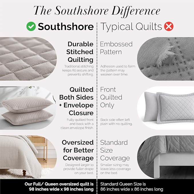 Southshore Fine Living, Inc. Full/Queen Quilt Bedding Set, Microfiber Quilts Queen Size, Coverlet, Stain & Pet Hair Resistant Bedding, Full Size Bedspread with 2 Pillow Shams, Natural Beige