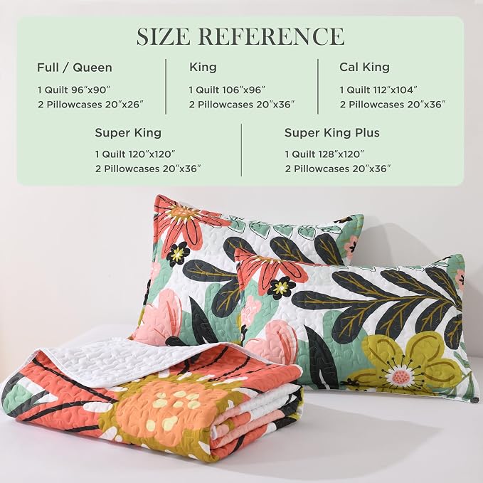 California King Quilt, Cal King Oversized Green Floral Bedspread | 3 Pieces White Boho Summer Flower Botanical Summer Bedspreads with 2 Shams, Reversible Polyester for All Seasons, 112"x104"