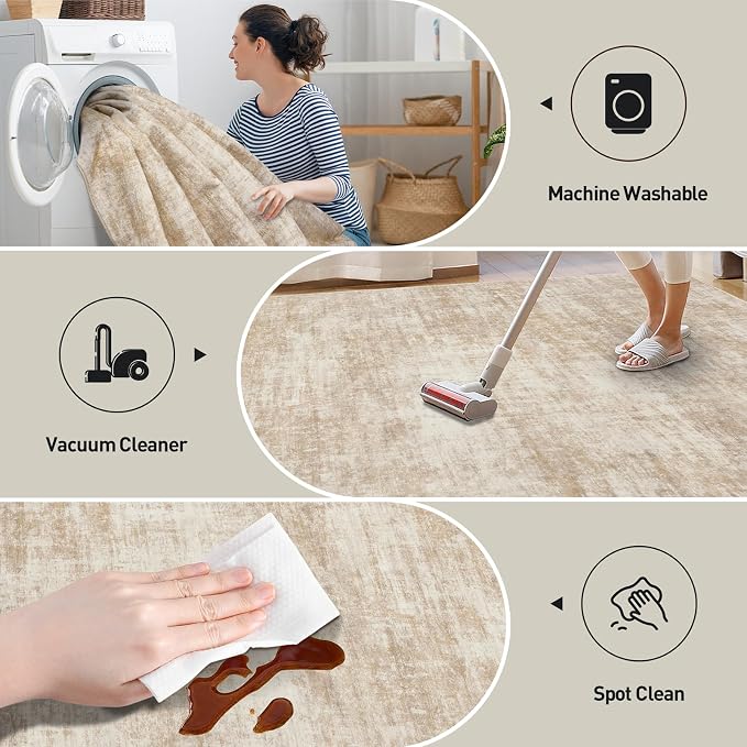 9x12 Area Rugs for Living Room: Washable Abstract Beige Badroom Carpet | Non-slip TPE backing makes this washable soft low-pile rug safe & durable, Pet-friendly decor for dining room,nursery,office