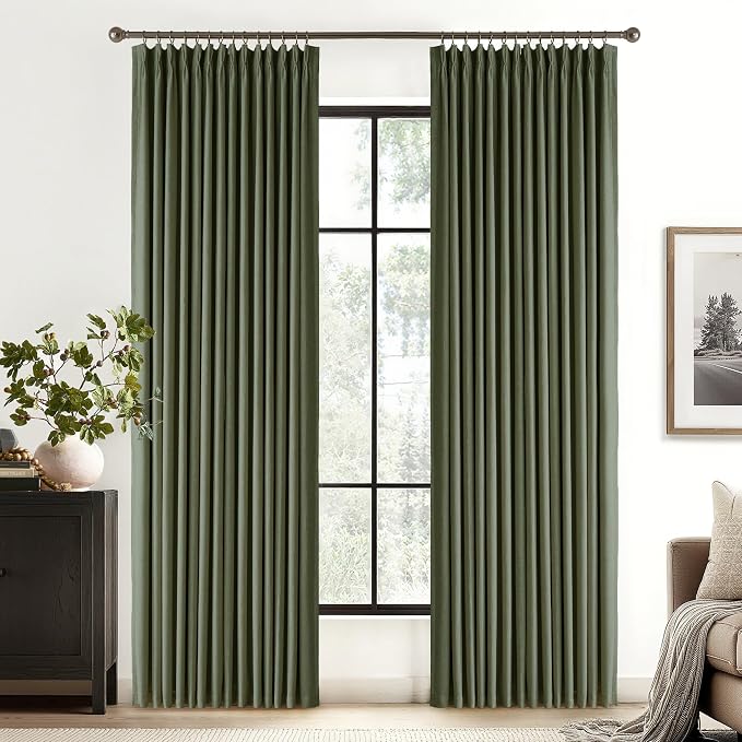 RYB HOME 100% Blackout Olive Green Pinch Pleated Linen Curtains for Bedroom, 2 Layers Thermal Insulated Natural Neutral Decor for Farmhouse Living Room, 40" W x L84 L, 2 Panels Set