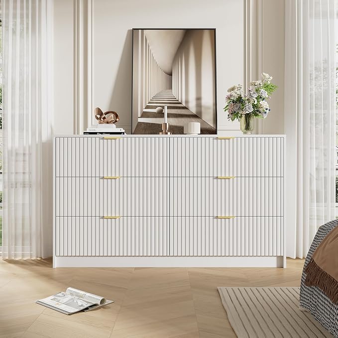 Furniway White Dresser for Bedroom, Modern Dresser with 6 Drawers and Smooth Slides, Wide Chest of Drawers with Golden Handles for Bedroom, Living Room, Closet, 15.7" D x 55.1" W x 31.4" H
