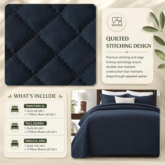 SunStyle Home Queen Quilt Bedding Set, Lightweight Summer Bedspreads,Navy | Soft Coverlet With 2 Pillow Shams,Morden Style Quilts for All Season, Suitable for Bed,Couch,Bedroom,Guest Room,90"X96"