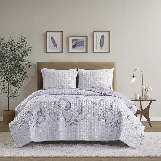 Comfort Spaces Bedspread Coverlet Set, Full/Queen, 3 Piece, Grey/Purple | All Season, Microfiber, Classic Layered Look for Any Bed, Floral Pattern, Reversible, Lightweight, OEKO-TEX Certified