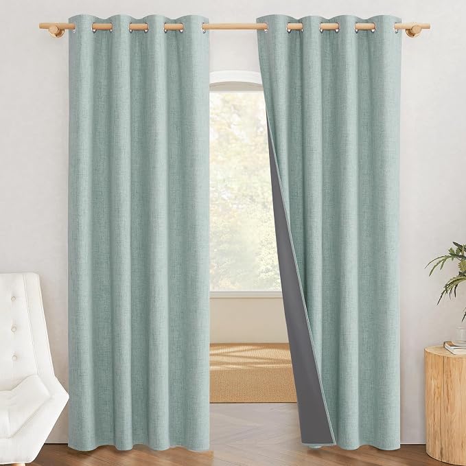 NICETOWN 100% Absolutely Blackout Linen Curtains with Thermal Insulated White Liner, Seafoam Green, 52" Wide, 90" Length Energy Saving Curtains for Living Room 2 Panels Set, Vertical Blinds