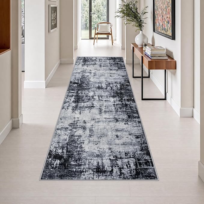3x10 Washable Runner Rug：Modern Abstract Soft Carpet Dark Black | For Hallway, Bedroom, Kitchen, Laundry, Bathroom,Door Mat,Modern Abstract,Machine washable,Non-Slip,Stain Resistant,Indoor