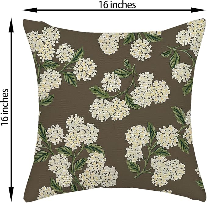 Brown Spring Pillow Covers 16x16 Inch 2 Pcs Green Yellow Hydrangea Flower Decor Throw Pillows Vintage Floral Seasonal Summer Outdoor Decoration Pillowcase Linen Cushion Cover for Couch Sofa