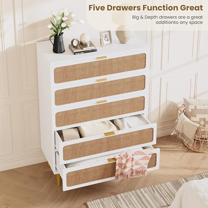 GarveeHome Rattan 5 Drawer Dressers for Bedroom, Deep Drawer, White | Tall Dresser, Wide Top, for Living Room, Hallway, Kids Room, Large Chest of Drawers for Closet, Long Wooden Dresser