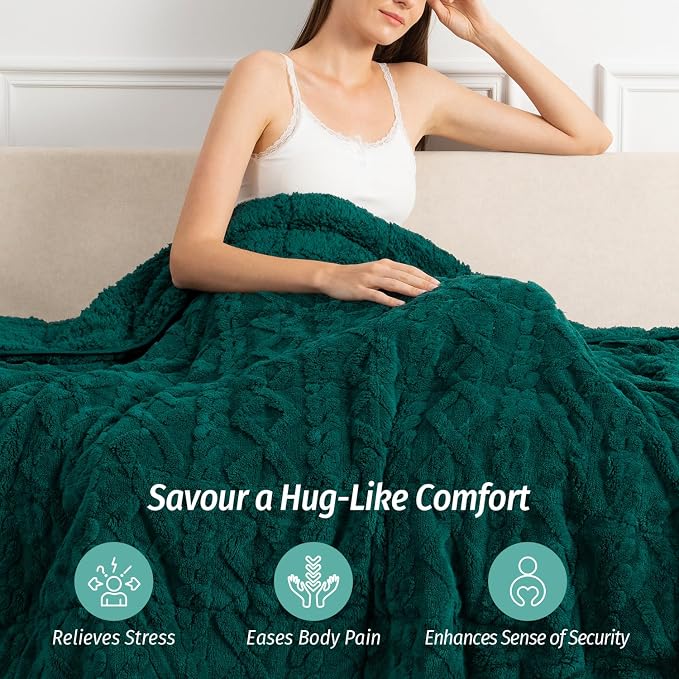 Sherpa Weighted Blankets for Sleeping Queen 60" x 80" 15 lbs Green | Relax Body & Mind, Even Weight Distribution, Dual Sided Soft Heavy Throw Blankets, Jacquard Knitted, Chunky Fluffy, Warm Hug