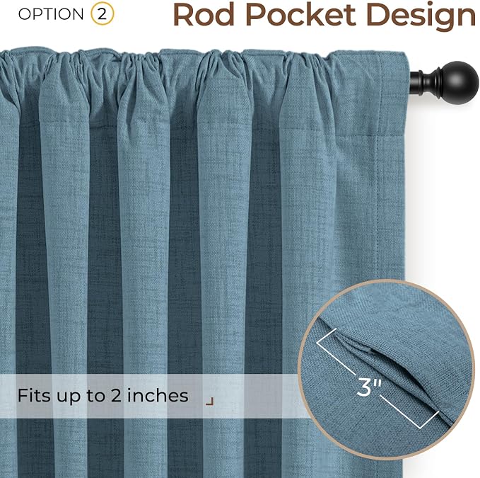 INOVADAY 100% Blackout Linen Curtains for Bedroom 50x84 Inches Slate Blue | Linen Textured, Light Blocking, Room Darkening, Thermal Insulated, Back Tab Top, Window Curtains for Living Room, 2 Panels