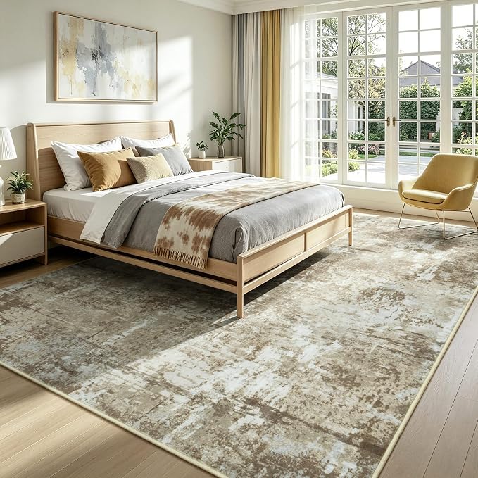 Rugflix 8x10 Area Rugs for Living Room, Washable Brown Large Rug | Machine Washable; Stain-Resistant; Low Pile; Non-Slip; Modern Abstract; Carpet for Bedroom Dining Office Nursery Home