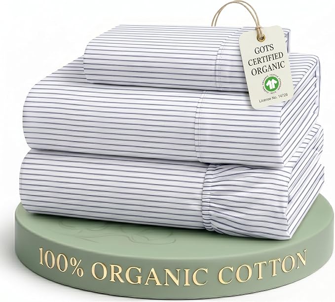 LANE LINEN Twin Sheet Set 100% Organic Cotton Cooling Soft - Ticking Stripe | 100% Organic Cotton Percale Twin Sheet Set - Affordable Organic Luxury, Honest-Price Organic Quality, For Hot Sleepers