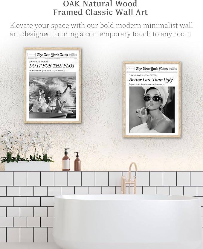 iHery 12x16in Audrey Hepburn Better Late Than Ugly Framed Bathroom Art | Natural OAK Wood Frame with Canvas Print, Vintage Fashion Wall Decor for Bathroom, Bedroom, Apartment and Girl Dorm, 1Pack