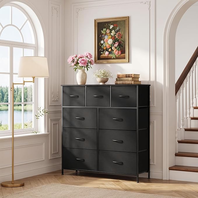 9-Drawer Dresser Anti-Tip Tall Storage Organizer | Chest of Drawers with Wooden Top and Metal Frame Fabric Bins for Bedroom, Closet, Hallway, Entryway, Ink Black