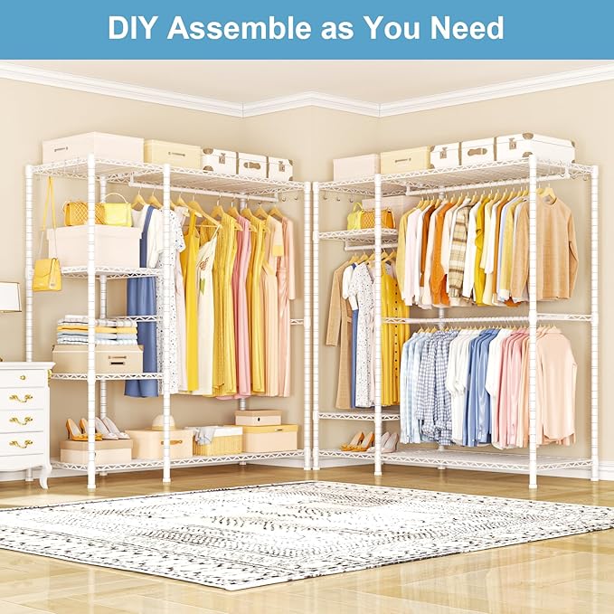 Ulif F7 Clothes Rack Heavy Duty, Clothing Racks for Hanging Clothes, White | Garment Rack with Shelves, 6-Tiers Freestanding Portable Closet Storage Racks 58'' W × 14.6'' D × 76.6'' H, Max Load 800 Lbs