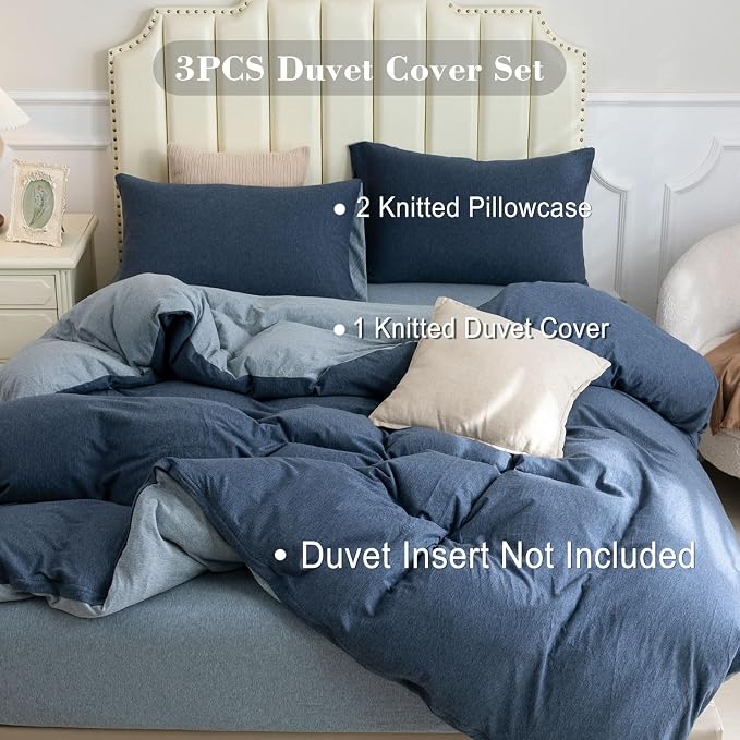 PURE ERA Jersey Knit Duvet Cover Set 100% T-Shirt Cotton Super Soft Comfy 3pc Bedding Set with Zipper Closure (Solid Navy/Blueish Grey, King) | 100% Cotton, 3 Piece Set, T Shirt Soft, Breathable, Envelope Closure Pillowcases, Hidden Zipper, 8 Ties, No ...