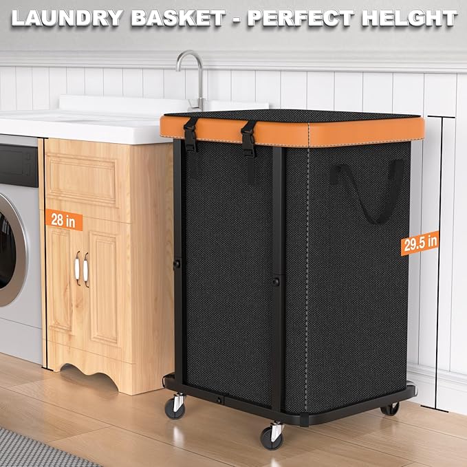 Laundry Hamper with Wheels,150L Leather Patchwork Clothes Hamper Black | Rolling Laundry Basket with Sturdy Metal Frame, Removable Washable Bag,Tall Clothes Sorter for Bedroom, Laundry Room, Dorm