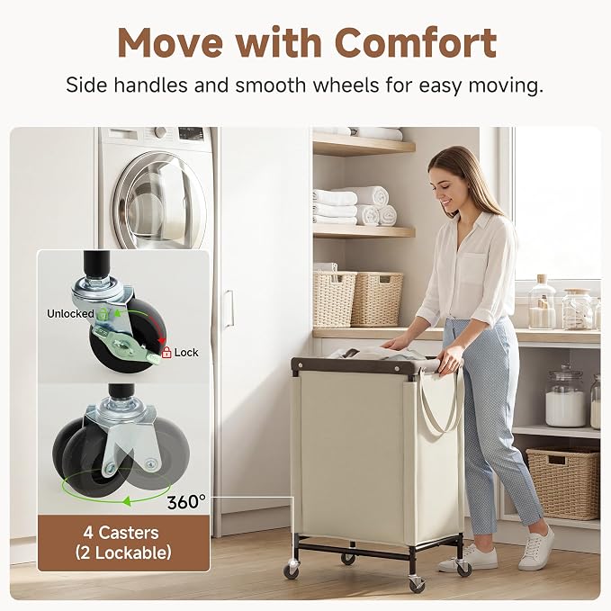 StorageWorks Laundry Hamper with Wheels and Removable Liner Bag | 90L Laundry Basket with Handles, Light Kahki Rolling Cart for Bedroom, Bathroom, Apartment
