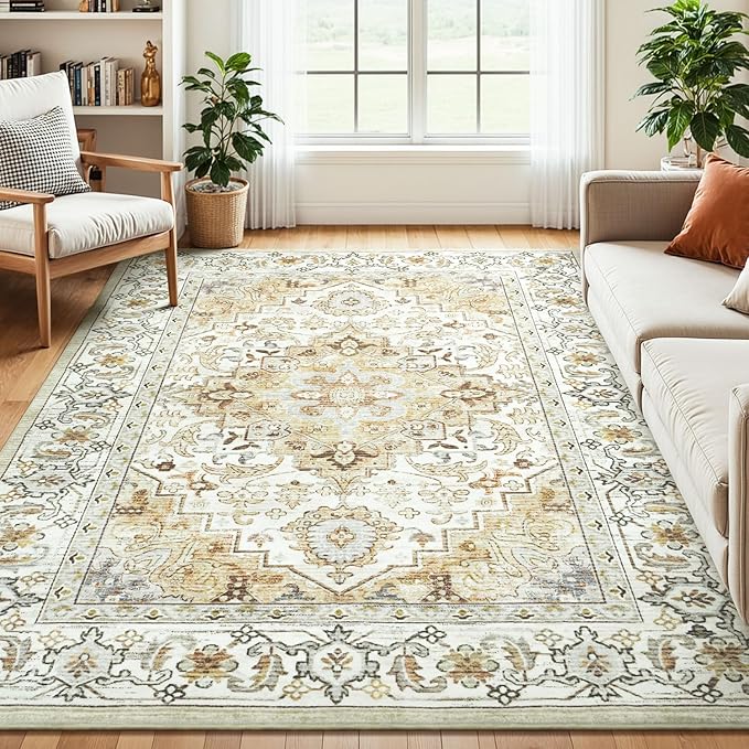 Washable Area Rug 5x7 for Living Room, Soft Bedroom Boho Rugs Beige | Faux-Wool Carpets for Kitchen Dining Room Nursery Home Office, Vintage Floral Non-Slip 0.25in Low Pile Rug, Fit All Vacuums