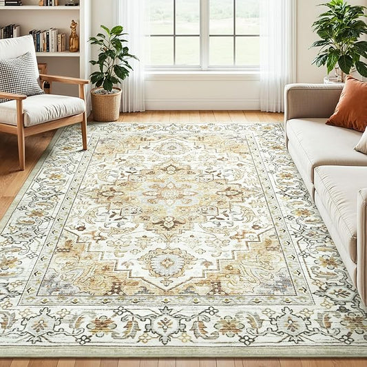 Washable Area Rug 5x7 for Living Room, Soft Bedroom Boho Rugs Beige | Faux-Wool Carpets for Kitchen Dining Room Nursery Home Office, Vintage Floral Non-Slip 0.25in Low Pile Rug, Fit All Vacuums