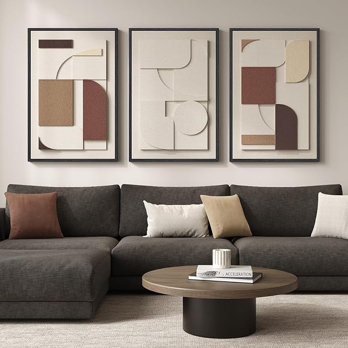 3D Textured Large Framed Neutral Abstract Wall Art for Living Room, 3 Piece | Wood Frames, Brown and Cream Sandstone Paintings, Modern Artwork for Walls, Geometric Sculptural Pictures Wall Decor Bedroom
