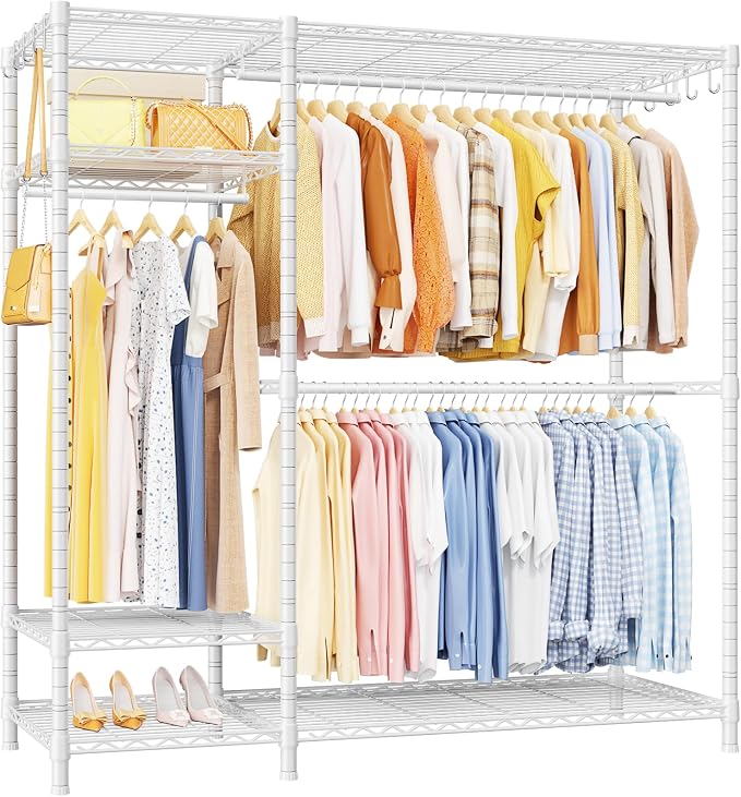 Ulif F7 Clothes Rack Heavy Duty, Clothing Racks for Hanging Clothes, White | Garment Rack with Shelves, 6-Tiers Freestanding Portable Closet Storage Racks 58'' W × 14.6'' D × 76.6'' H, Max Load 800 Lbs