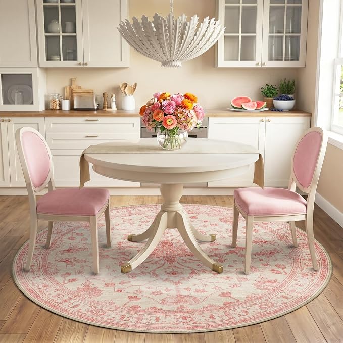 RELEANY Washable Area Rug, Round 6ft, Pink/Light Vintage Pink | Non-Slip, Water Repellent, Pet Friendly, Easy to Clean, Vintage Floral Boho Decor for Living Room Bedroom Dining Room