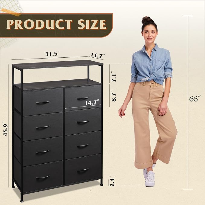 WLIVE 8 Drawer Black Fabric Dresser Open Shelves, Tall Storage Tower | Black fabric drawers plus open shelves, steel frame with wood top, great for bedroom closet entryway and dorm storage