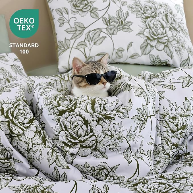 JANZAA Queen Size Comforter Set - Green Peony Floral Shabby Chic Bedding | 3 Piece Cute Floral Bedding for All Season, 1 Soft Fluffy Breathable Microfiber Comforter Set with 2 Pillowcases