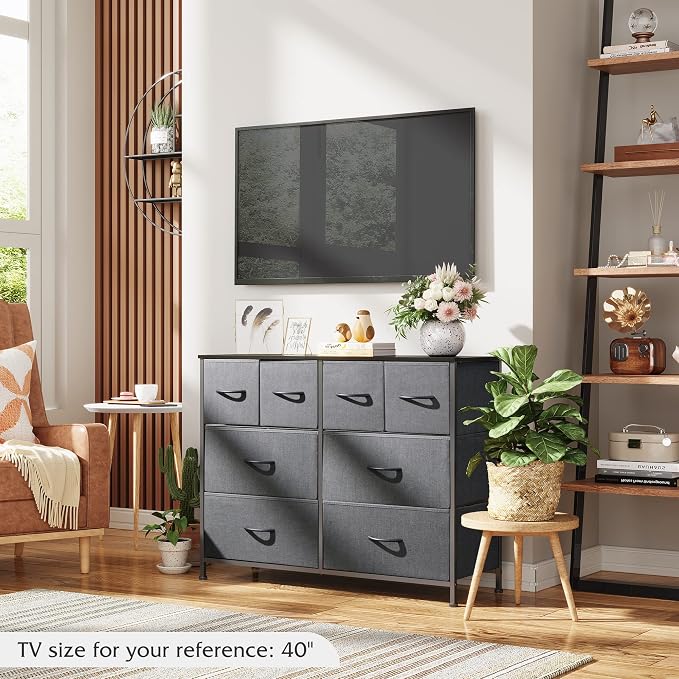 WLIVE Wide Dresser for Bedroom, 8 Drawer Chest of Drawers, Dark Grey | 8 roomy fabric drawers, Wide storage design, Bedroom or closet use, Sturdy steel frame, Smooth wood tabletop