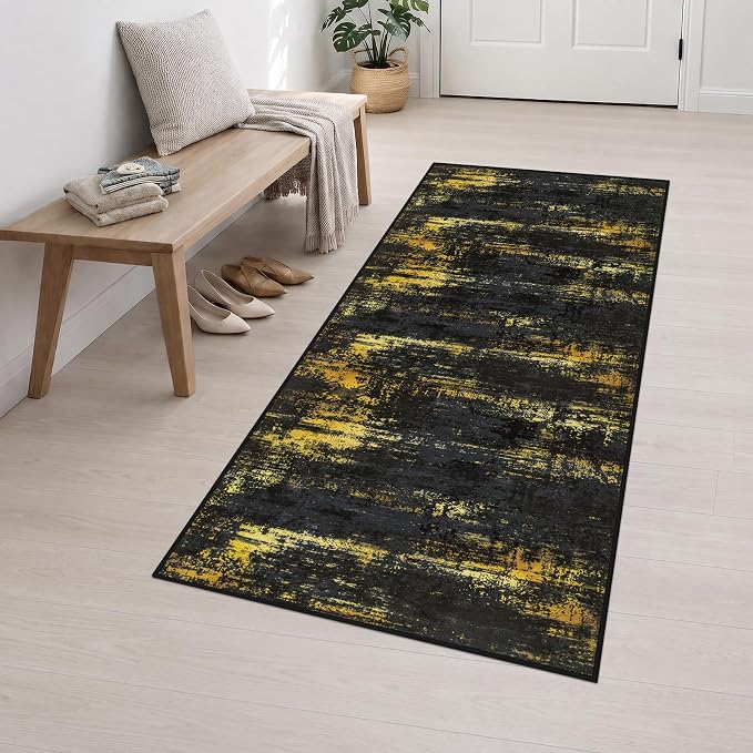 3x8 Washable Runner Rug：Modern Abstract Soft Carpet Black Gold | For Hallway, Bedroom, Kitchen, Laundry, Bathroom,Door Mat,Modern Abstract,Machine washable,Non-Slip,Stain Resistant,Indoor