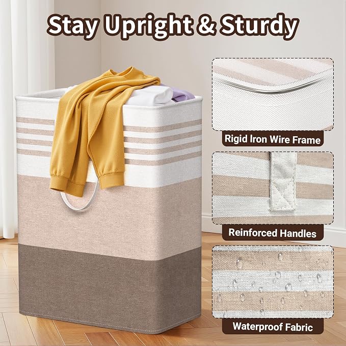 WOWBOX 2 Pack Laundry Baskets, Collapsible Dirty Clothes Laundry Hampers | with Reinforced Handles, Waterproof Coating, 2 Pack for Clean & Dirty Clothes, for Bedroom, Bathroom, Dorm (125L Khaki)