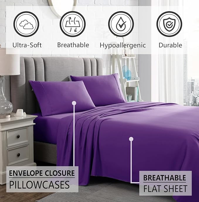 American Home Collection Twin XL Sheet Set - Ultra-Soft Microfiber 15-Inch Deep Pocket - College Dorm Bed Sheets, Wrinkle Free (Purple)