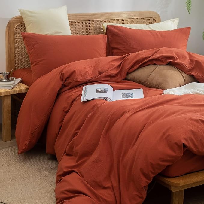 BESTOUCH Cotton Solid Duvet Cover Set Burnt Brick Red Oversized Full | 100% Washed Cotton, Soft Wrinkle Texture, Hidden Zipper, 8 Ties, Breathable Lightweight Durable Comfy, 3 Pcs No Insert
