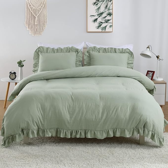 CAROMIO Sage Green Ruffled Duvet Cover Twin, 2PCS Soft Washed Microfiber Vintage French Country Duvet Cover Set for Kids Girls, Sage Green, 68x90 in