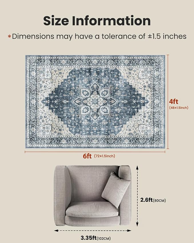 AMADA HOMEFURNISHING 4x6 Washable Area Rug, Low-Profile Entryway Rug with Non-Slip Backing & Durable Edge Binding, Vintage Rugs for Bedroom, Entryway & Kitchen