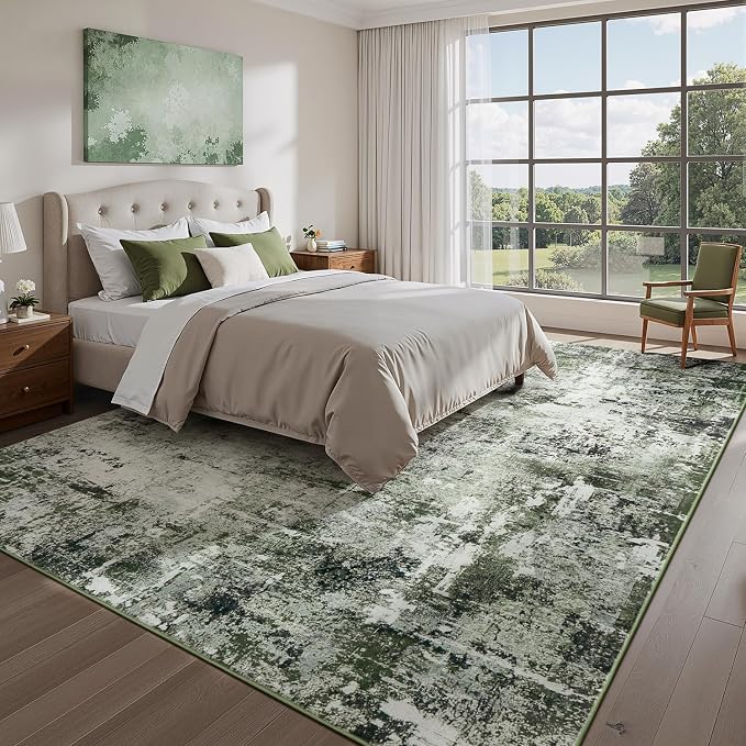 Rugflix 6x9 Area Rugs for Living Room, Washable Dark Green Large Rug | Machine Washable; Stain-Resistant; Low Pile; Non-Slip; Modern Abstract; Carpet for Bedroom Dining Office Nursery Home