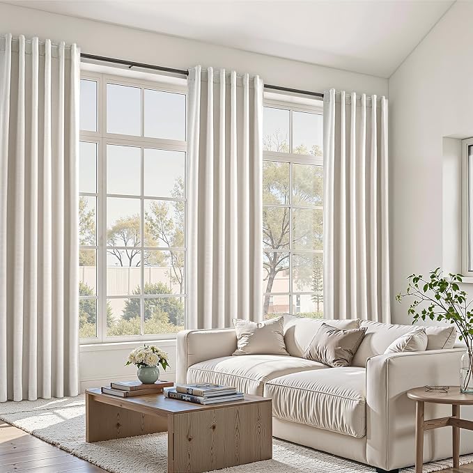 Topfinel 108 Inch Extra Long Ivory Birch Curtains for Living Room 100% Blackout Insulating Sound Proof Wide Drapes for Window Treatments Curtains with Hooks and Rings Natural Birch (W40 x L108 x 2)
