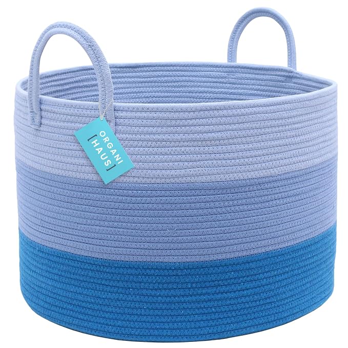 OrganiHaus Round Toy Basket & Blanket Basket, Cotton Rope 20x13" | 3-Toned Blue - Round Cotton Rope Basket, 20x13"