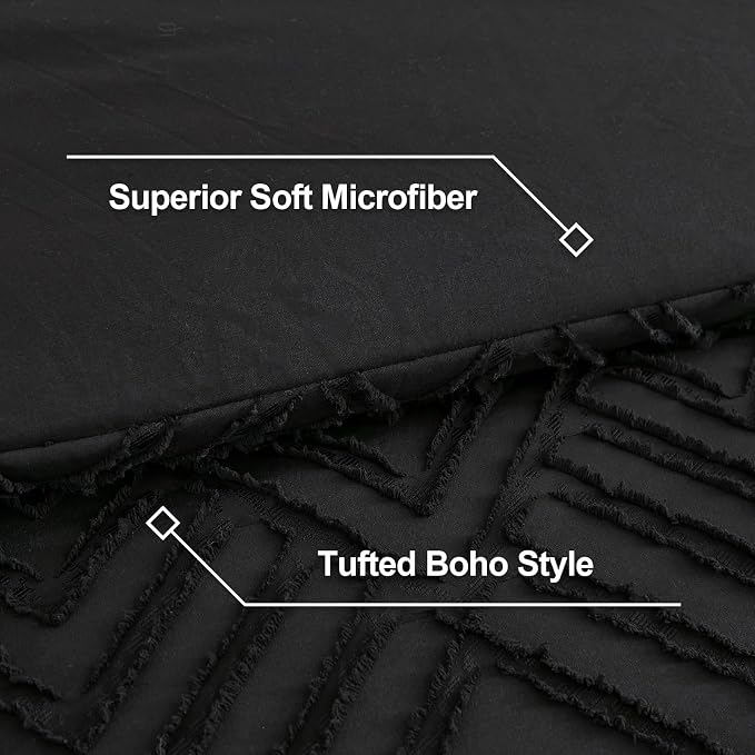 Litanika Super King Plus Comforter Set, 3 Pcs Black Tufted Boho Bedding Set | Farmhouse Shabby Chic Vintage Bohemian Textured Aesthetic Soft Fluffy Lightweight Breathable All Season Bed Set