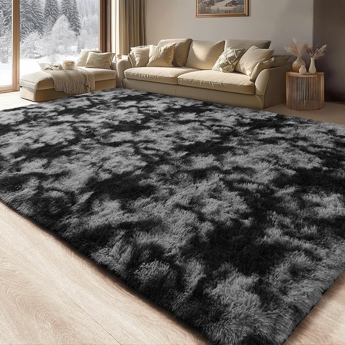 Modern Soft Fluffy Small Shaggy Rug for Bedroom Livingroom Dorm Kids Room Indoor Home Decorative, Non-Slip Plush Furry Fur Area Rugs Comfy Nursery Floor Carpet 5X7 Feet,Tie-Dyed Deep Grey