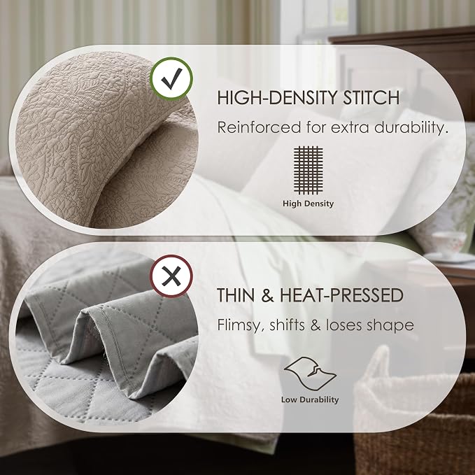 WDCOZY King 100% Cotton Paisley Quilt Bedding Set Beige Comforter | Pre-Washed Thin Farmhouse Bedspread, 106"x96" Coverlet + 2 Shams 20"x36", Soft Lightweight, All-Season, Textured Like Linen