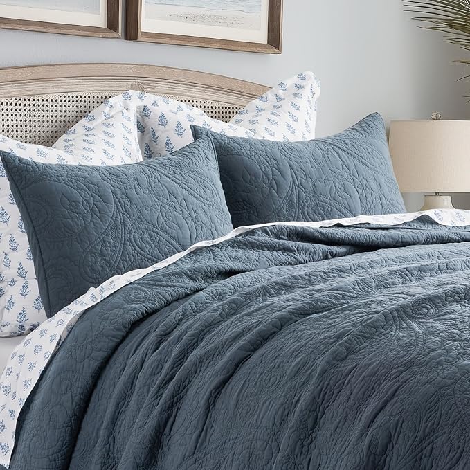 EVERGRACEHOME 100% Cotton Paisley Quilt Set, Queen Size, Stormy Blue | Prewashed for Softness, Year-Round Breathability, Gift-Ready Box, Matelasse-style Quilted Coverlet, 3 Piece Set with 2 Shams