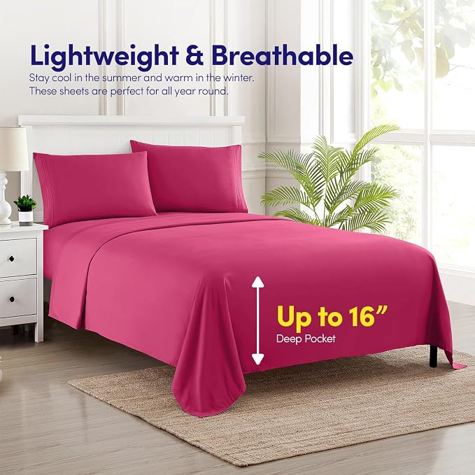 Full Size Sheet Set with Built-in Sheet Straps - Deep Pocket Fitted Sheet, Flat Sheet & Pillowcases - Soft, Wrinkle-Free, Secure Fit - Fuschia