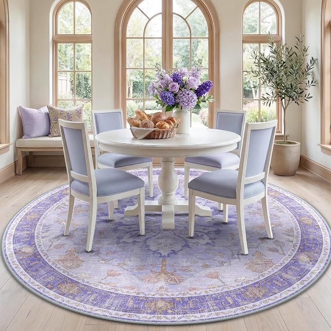 RELEANY Washable Area Rug, Round 7ft, Purple | Non-Slip, Water Repellent, Pet Friendly, Easy to Clean, Vintage Floral Boho Decor for Living Room Bedroom Dining Room