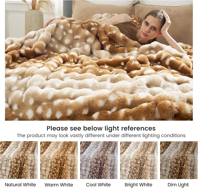 Cozy Bliss Deer Print Faux Fur Throw for Couch, Fuzzy Soft Plush Thick Bubble Blanket for Sofa Bedroom Living Room, 60x80 Inches