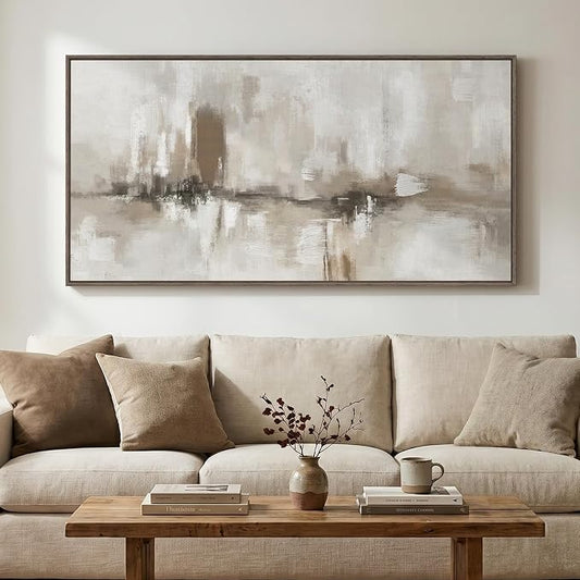 Large Framed Neutral Abstract Wall Art for Living Room, Horizontal 60x30 In | Modern beige brown pictures, Canvas prints, Wood frame, Minimalist artwork for walls, Wall decor for bedroom dining office