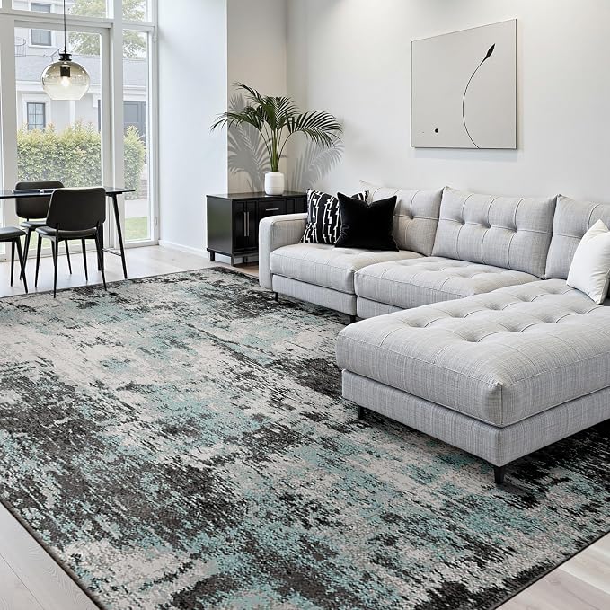 RELEANY Washable 10'x14' Abstract Area Rug for Living Room Teal Black | Carpet for Bedroom, Kitchen, Office, Hallway and Entryway, Printed Pattern, Non‑Slip, Soft, Stain‑Resistant, Easy to Clean