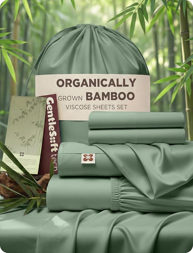 Bedsure PureWoven 100% Viscose Derived from Bamboo, King Size Sheets Set | Organically Grown, Cooling Bed Sheet for Hot Sleepers, 18" Deep Pocket with Corner Straps, Luxury Silky Soft, Sage Green